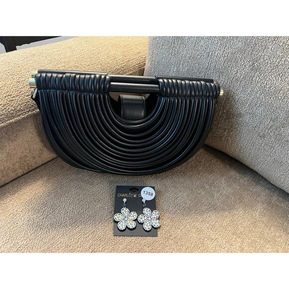 Bundle Black Semi Moon Handbag with Rhinestone Earrings NWT - Picture 1 of 2